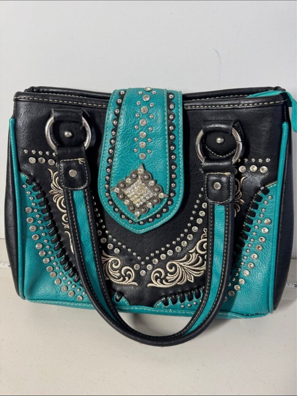 Montana West Western Handbag & Wallet Set Turquoise Black Studded Boho Rustic - Picture 6 of 16